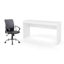Conjunto de Mesa Marselha Branca com Cadeira de Escritório Diretor Giratória Oslo Preta