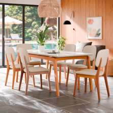 Conjunto de Mesa Retangular com Tampo de Vidro Off White e 6 Cadeiras Detroit Linho Areia e Nature