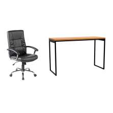 Conjunto de Mesa Stanford Amêndoa 120 cm com Cadeira de Escritório Presidente Giratória com Relax Office Plus Preta
