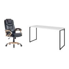Conjunto de Mesa Studio Branca 150 cm com Cadeira de Escritório Presidente Giratória com Relax Clark Preta e Dourada