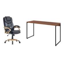 Conjunto de Mesa Studio Nogal 135 cm com Cadeira de Escritório Presidente Giratória com Relax Clark Preta e Dourada