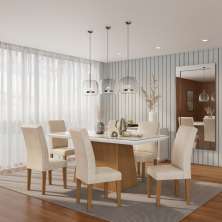 Conjunto de Mesa de Jantar Alice I com Vidro e 6 Cadeiras Grécia Veludo Creme e Off White