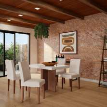 Conjunto de Mesa de Jantar Atlanta I com Tampo de Vidro Off White e 4 Cadeiras Grécia Veludo Creme