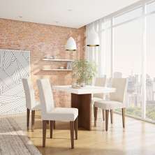 Conjunto de Mesa de Jantar Atlanta II com Tampo de Vidro Off White e 4 Cadeiras Grécia Veludo Creme
