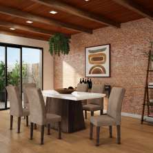 Conjunto de Mesa de Jantar Beatriz I com Vidro e 6 Cadeiras Grécia Veludo Chocolate e Off White