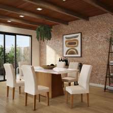 Conjunto de Mesa de Jantar Beatriz I com Vidro e 6 Cadeiras Grécia Veludo Creme e Off White