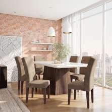 Conjunto de Mesa de Jantar Bianca I com Vidro e 6 Cadeiras Grécia Veludo Chocolate e Off White