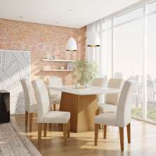 Conjunto de Mesa de Jantar Bianca I com Vidro e 6 Cadeiras Grécia Veludo Creme e Off White