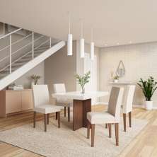 Conjunto de Mesa de Jantar Bilbao I com Tampo de Vidro Off White e 4 Cadeiras Grécia Veludo Creme