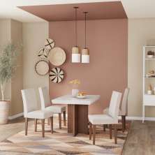 Conjunto de Mesa de Jantar Cancún I com Tampo de Vidro Off White e 4 Cadeiras Grécia Veludo Creme