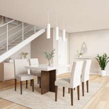 Conjunto de Mesa de Jantar Cancún II com Tampo de Vidro Off White e 4 Cadeiras Grécia Veludo Creme