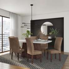Conjunto de Mesa de Jantar Clara I com Vidro e 6 Cadeiras Grécia Veludo Chocolate e Off White