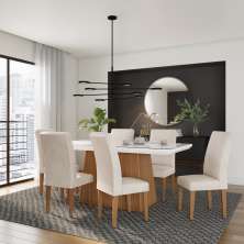 Conjunto de Mesa de Jantar Clara I com Vidro e 6 Cadeiras Grécia Veludo Creme e Off White