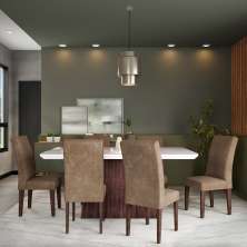 Conjunto de Mesa de Jantar Larissa I com Vidro e 6 Cadeiras Grécia Veludo Chocolate e Off White