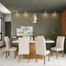 Conjunto de Mesa de Jantar Larissa I com Vidro e 6 Cadeiras Grécia Veludo Creme e Off White