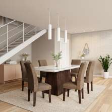 Conjunto de Mesa de Jantar Laura I com Vidro e 6 Cadeiras Grécia Veludo Chocolate e Off White