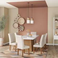 Conjunto de Mesa de Jantar Maria I com Vidro e 6 Cadeiras Grécia Veludo Creme e Off White