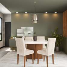 Conjunto de Mesa de Jantar Munique II com Tampo de Vidro Off White e 4 Cadeiras Grécia Veludo Creme