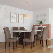 Conjunto de Mesa de Jantar Rebecca I com Vidro e 6 Cadeiras Grécia Veludo Chocolate e Off White