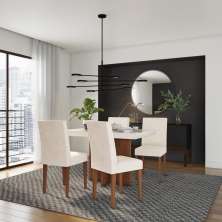 Conjunto de Mesa de Jantar Vegas II com Tampo de Vidro Off White e 4 Cadeiras Grécia Veludo Creme