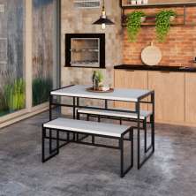 Conjunto de Mesa de Jantar com 2 Bancos Wooden Branco e Preto