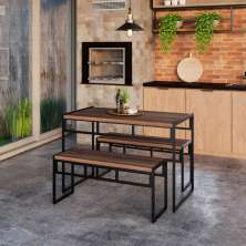 Conjunto de Mesa de Jantar com 2 Bancos Wooden Nogal e Preto