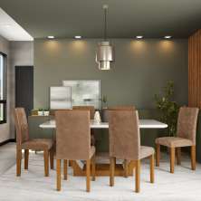 Conjunto de Mesa de Jantar com 6 Cadeiras Estofadas Amélia Animalle Off White e Chocolate