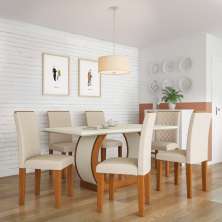 Conjunto de Mesa de Jantar com 6 Cadeiras Estofadas Amélia I Veludo Off White e Creme