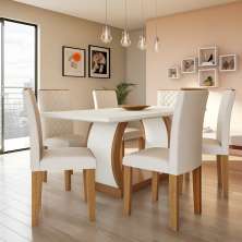 Conjunto de Mesa de Jantar com 6 Cadeiras Estofadas Daisy I Veludo Off White e Creme