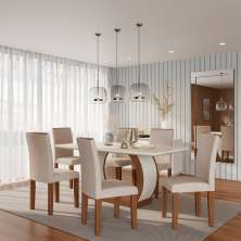 Conjunto de Mesa de Jantar com 6 Cadeiras Estofadas Emily I Veludo Off White e Creme