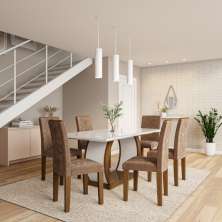 Conjunto de Mesa de Jantar com 6 Cadeiras Estofadas Eva Animalle Off White e Chocolate