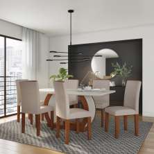 Conjunto de Mesa de Jantar com 6 Cadeiras Estofadas Jéssica I Veludo Off White e Creme