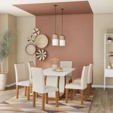 Conjunto de Mesa de Jantar com 6 Cadeiras Estofadas Mia I Veludo Off White e Creme