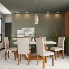 Conjunto de Mesa de Jantar com 6 Cadeiras Estofadas Olívia I Veludo Off White e Creme