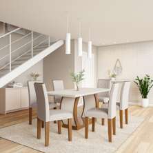 Conjunto de Mesa de Jantar com 6 Cadeiras Estofadas Sienna I Veludo Off White e Creme