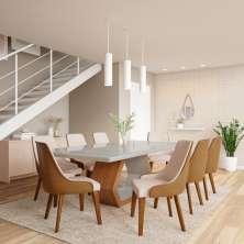 Conjunto de Mesa de Jantar com 8 Cadeiras Turmalina Linho Off White e Caramelo