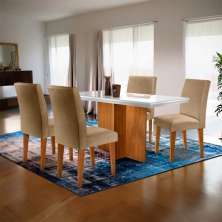 Conjunto de Mesa de Jantar com Tampo de Vidro Off White e 4 Cadeiras Lisbon Linho Turim