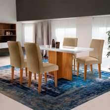 Conjunto de Mesa de Jantar com Tampo de Vidro Off White e 4 Cadeiras Napa Linho Turim