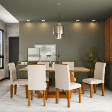 Conjunto de Mesa de Jantar com Vidro e 6 Cadeiras Amélia I Veludo Imbuia e Creme
