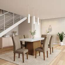 Conjunto de Mesa de Jantar com Vidro e 6 Cadeiras Atenas Veludo Chocolate e Off White