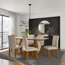Conjunto de Mesa de Jantar com Vidro e 6 Cadeiras Daisy I Veludo Imbuia e Creme