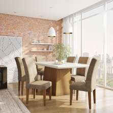 Conjunto de Mesa de Jantar com Vidro e 6 Cadeiras Delfos Veludo Chocolate e Off White