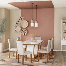 Conjunto de Mesa de Jantar com Vidro e 6 Cadeiras Emily I Veludo Imbuia e Creme