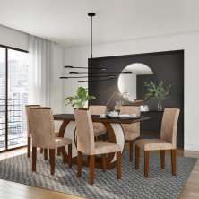 Conjunto de Mesa de Jantar com Vidro e 6 Cadeiras Emily II Suede Animalle Castor e Chocolate