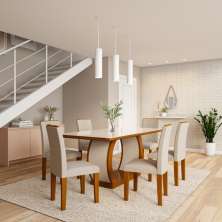 Conjunto de Mesa de Jantar com Vidro e 6 Cadeiras Eva I Veludo Imbuia e Creme