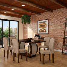 Conjunto de Mesa de Jantar com Vidro e 6 Cadeiras Eva II Suede Animalle Castor e Chocolate