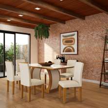 Conjunto de Mesa de Jantar com Vidro e 6 Cadeiras Jéssica I Veludo Imbuia e Creme