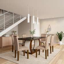 Conjunto de Mesa de Jantar com Vidro e 6 Cadeiras Jéssica II Suede Animalle Castor e Chocolate