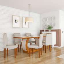 Conjunto de Mesa de Jantar com Vidro e 6 Cadeiras Mia I Veludo Imbuia e Creme
