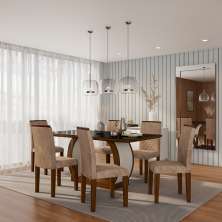 Conjunto de Mesa de Jantar com Vidro e 6 Cadeiras Mia II Suede Animalle Castor e Chocolate